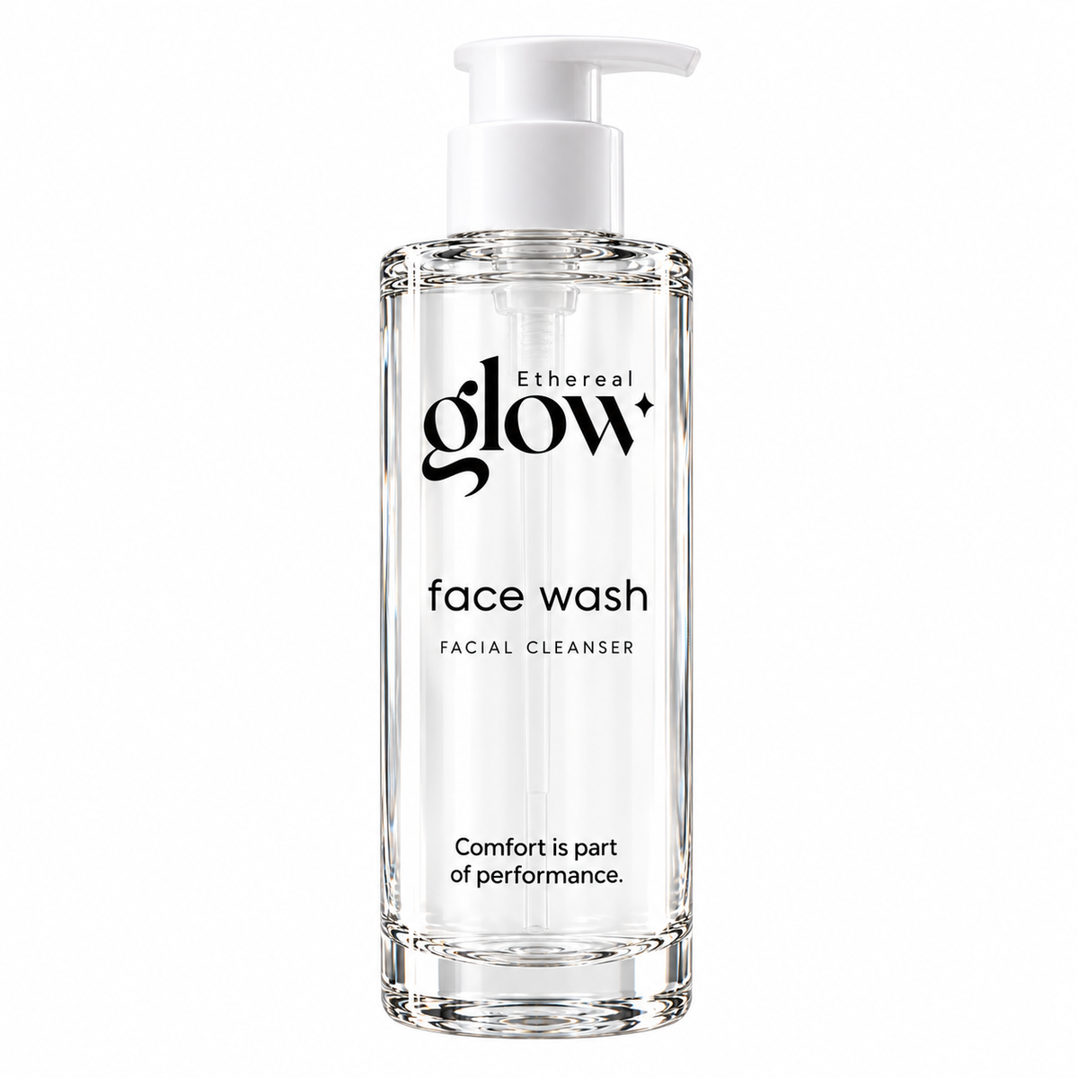 Ethereal glow Face Wash packaging concept, front view on a white background.