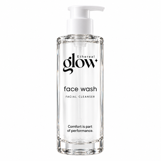 Ethereal glow Face Wash packaging concept, front view on a white background.