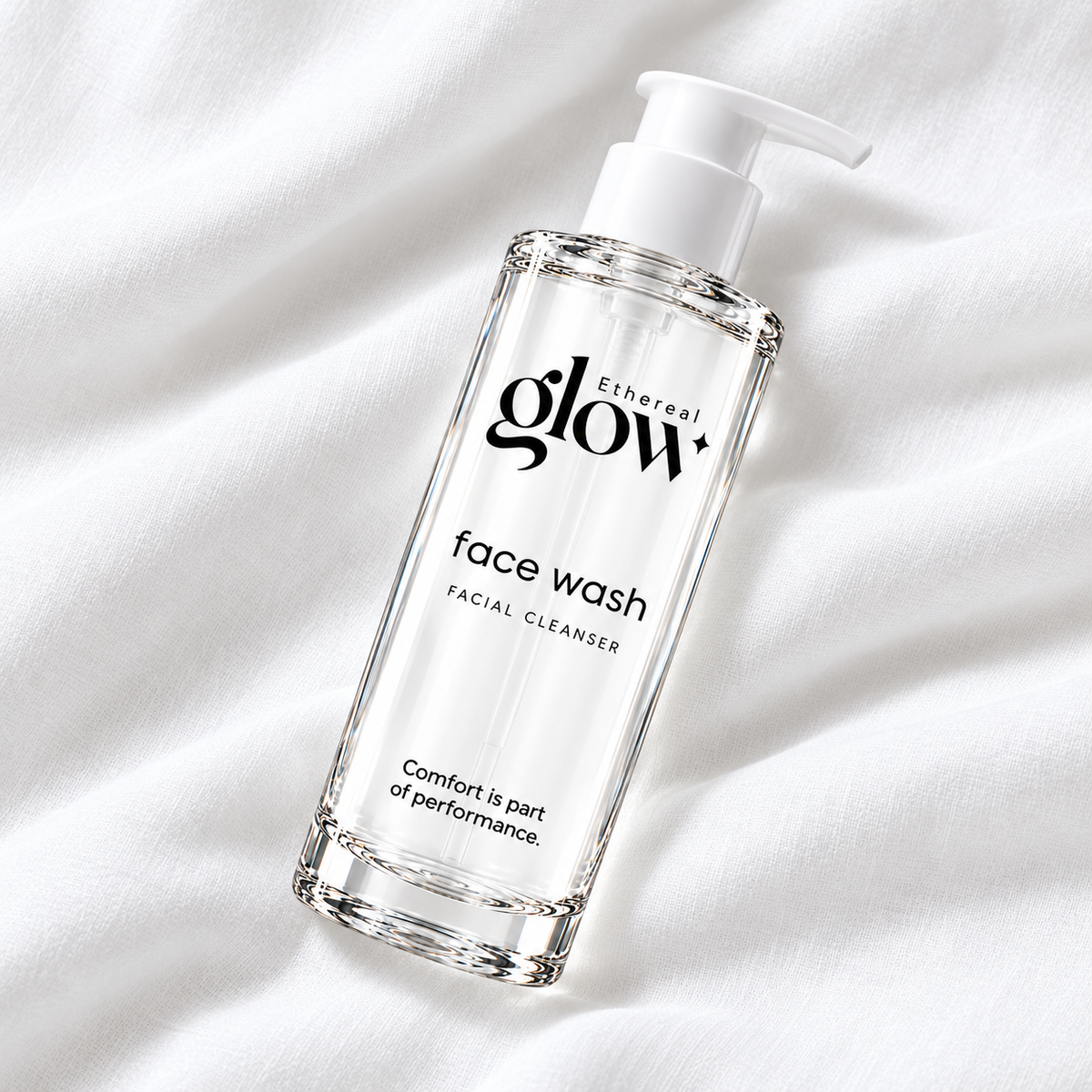 Ethereal glow Face Wash packaging concept in a diagonal flat lay on white fabric.