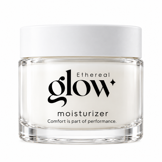 Ethereal glow Moisturizer jar packaging concept, front view on a white background.