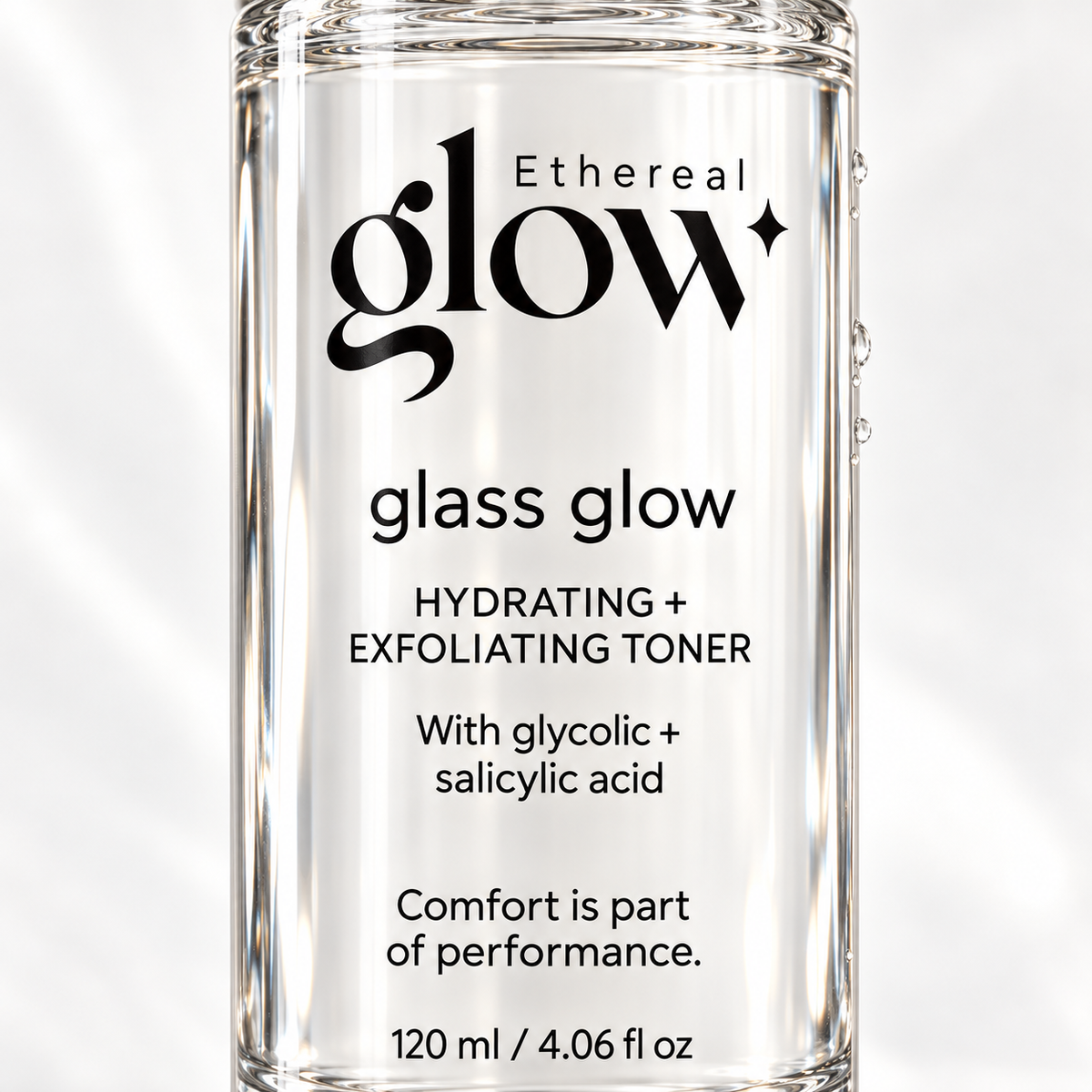Close-up of the Glass Glow 120 ml toner packaging concept label and original Ethereal glow logo.