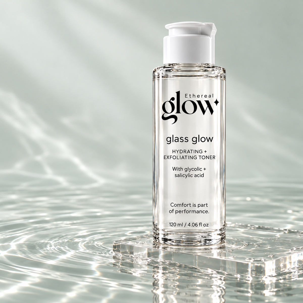 Glass Glow 120 ml toner packaging concept standing on a clear platform amid gentle water ripples.