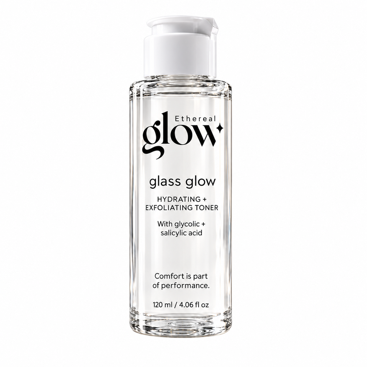 Ethereal glow Glass Glow 120 ml toner packaging concept on a white background.